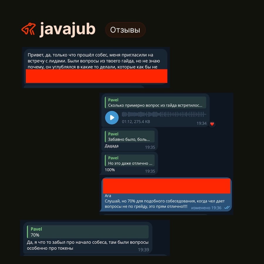 Отзыв JavaJub: На собеседовании было 70% вопросов из гайда.